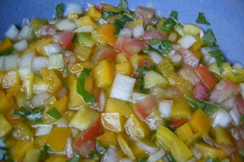 Chop the bell peppers, tomatoes and onions into small/medium pieces
