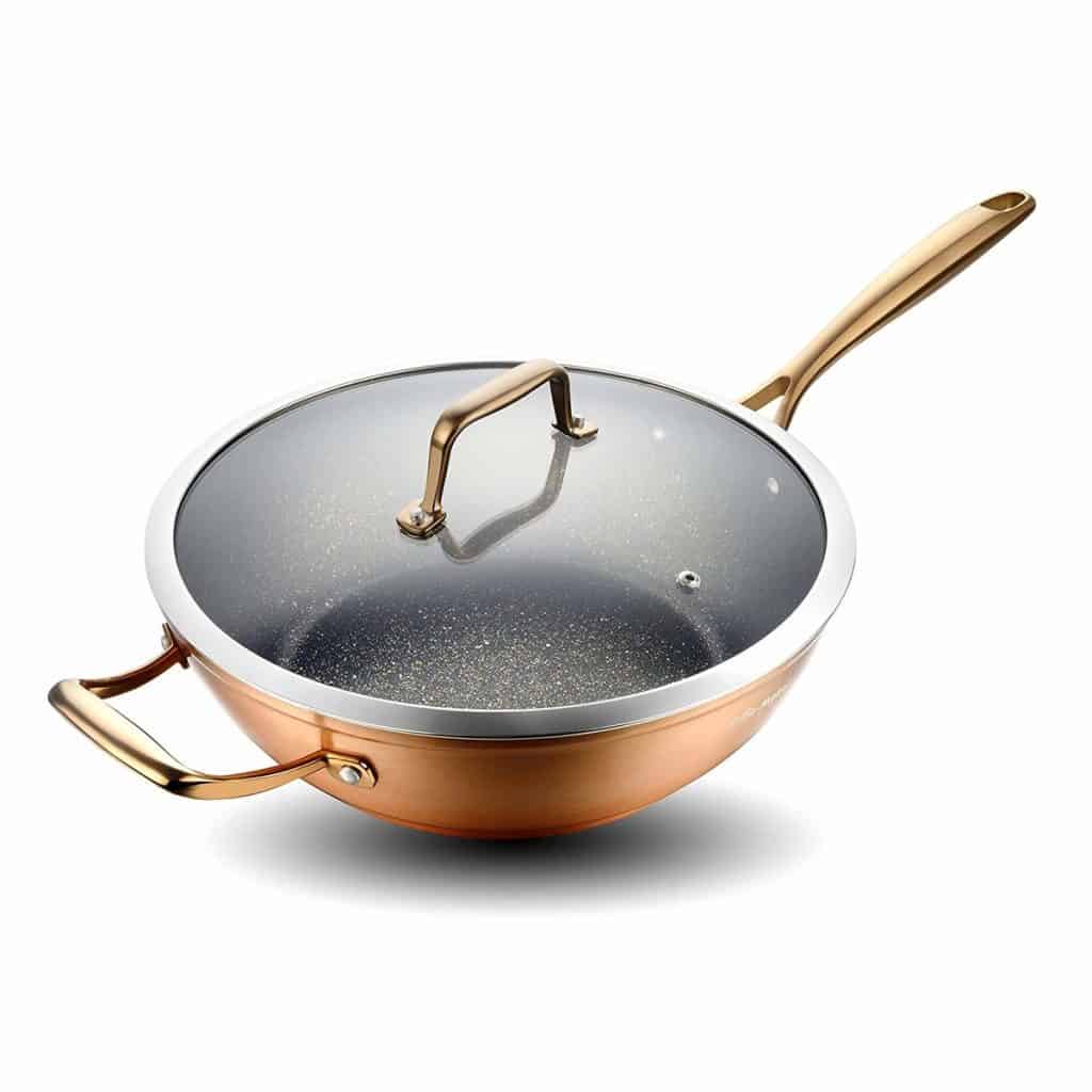 Cate Maker Anodized Aluminum Nonstick Wok with Lid, Induction Flat Bottom Wok Pan, Copper, 12.6 Inch