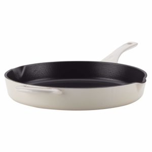 The Ayesha Collection Cast Iron Enamel Skillet with Pour Spouts is pictured over a field of white