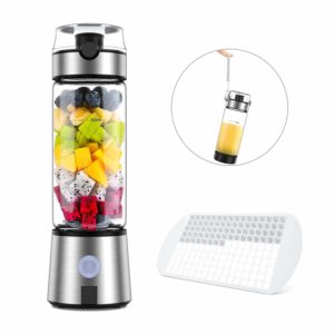 The Ayyie Rechargeable Portable Blender is pictured with it's accessories