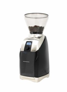 The Baratza Virtuoso+ Conical Burr Coffee Grinder with Digital Timer Display is pictured over a field of white