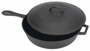 The Bayou Classic 7445 Cast Iron Covered Skillet is pictures over a field of white