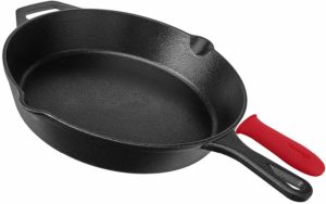 The Cuisinel Pre-Seasoned Cast Iron Skillet (12-Inch) is pictured over a field of white