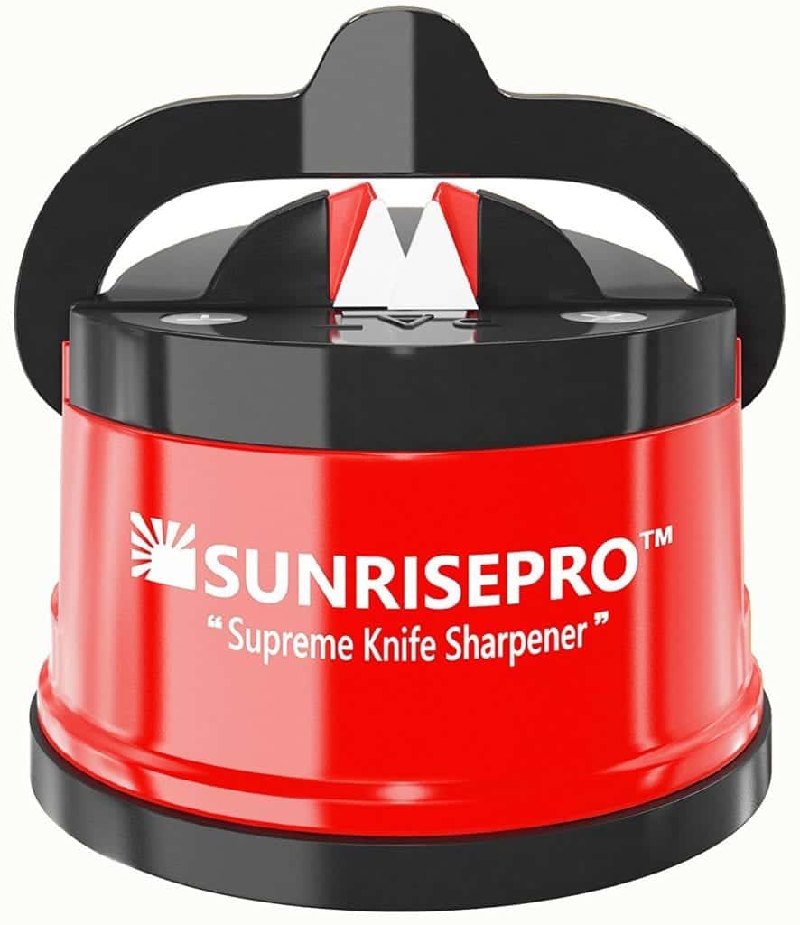 The SunrisePro Supreme Knife Sharpener is pictured over a field of white