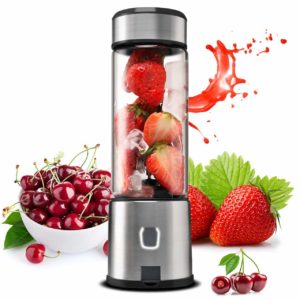 The TTLIFE Small Smoothie Blender Single Serve is pictured with fruit examples