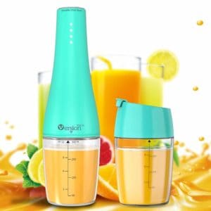 The VersionTECH Personal Blender & Travel Juicer is pictured over a stylized fruit background