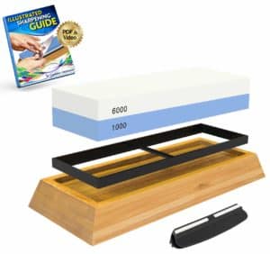 The Whetstone Knife Sharpening Stone: 2-Sided Knife Sharpener Set is pictured via digital illustration