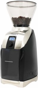 The Baratza Virtuoso+ Conical Burr Coffee Grinder with Digital Timer Display is pictured over a field of white 
