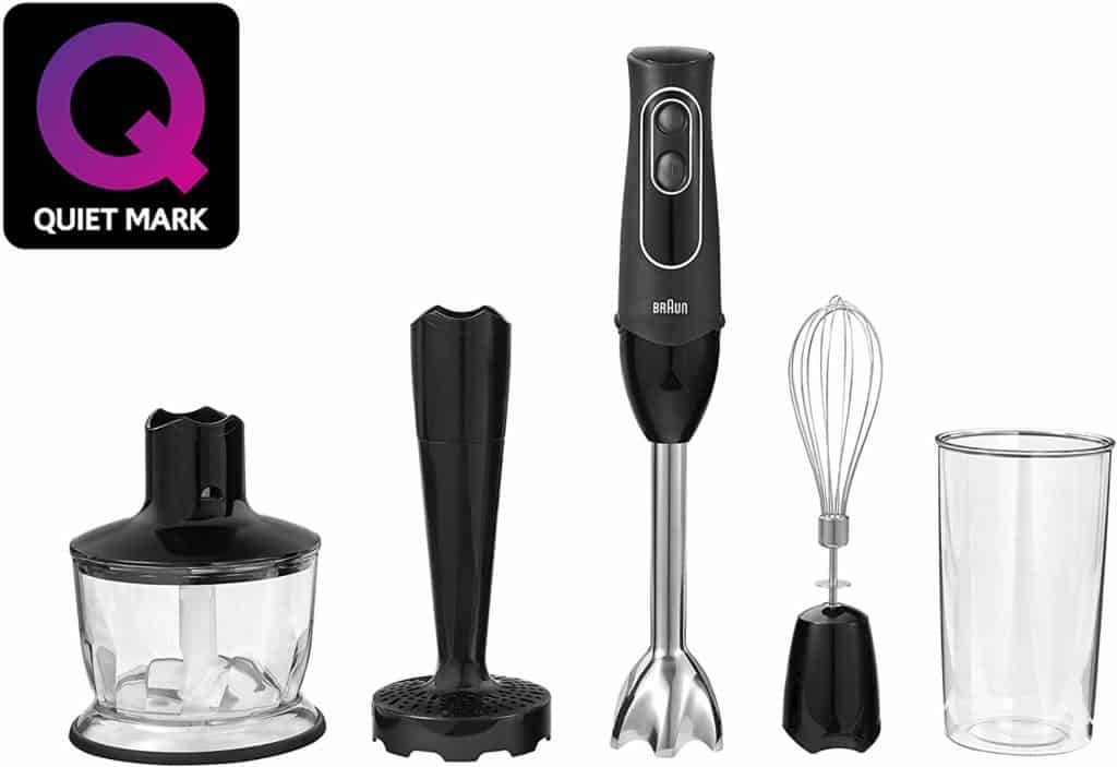 The Braun MQ537 Multiquick Hand Blender is pictured over a field of white