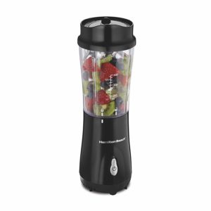 The Hamilton Beach Personal Smoothie Blender is pictured over a field of white