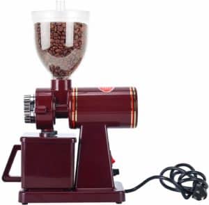 The Homend Automatic 110V Electric Burr Coffee Grinder is pictured over a field of white