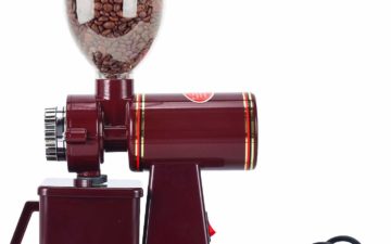 The Homend Automatic 110V Electric Burr Coffee Grinder is pictured over a field of white