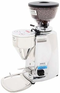 The Mazzer Mini Electronic Coffee & Espresso Grinder is pictured over a field of white