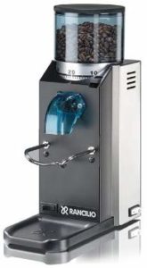 The Rancilio HSD-ROC-SD Rocky Espresso Coffee Grinder is pictured over a field of white 