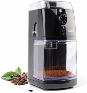 The Secura Electric Burr Coffee Grinder Mill is pictured over a field of white