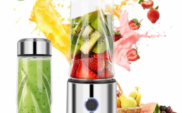 The iFedio Personal Portable Blender is pictured alongside stylized fruit