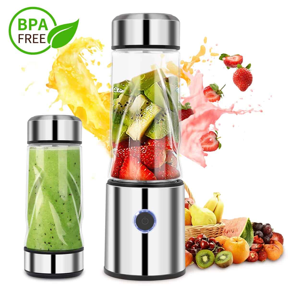 The iFedio Personal Portable Blender is pictured alongside stylized fruit