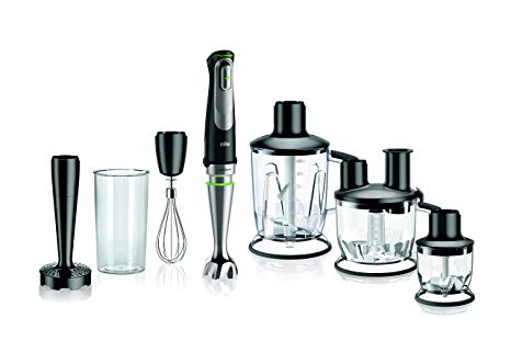 The Braun MQ9097 Multiquick Hand Blender is pictured alongside the included attachments