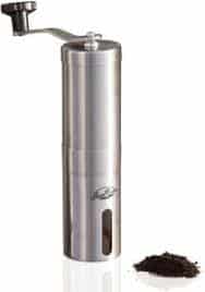 The JavaPresse Manual Coffee Grinder with Adjustable Setting - Conical Burr Mill is pictured over a field of white