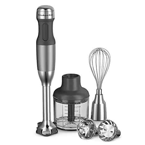 The KitchenAid KHB2561CU 5-Speed Hand Blender is pictured over a field of white