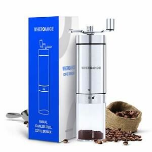 The Wheroamoz Manual Coffee Grinder is pictured over a field of white 