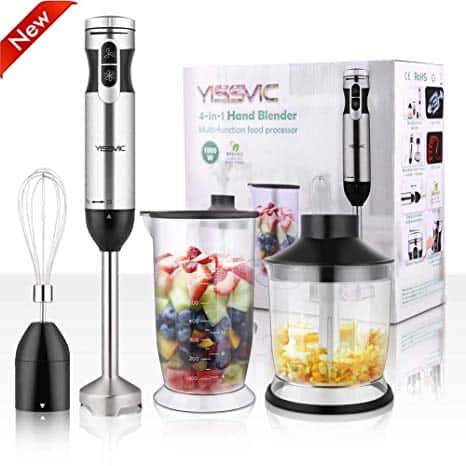 The YISSVIC Hand Blender is pictured with its box and accessories