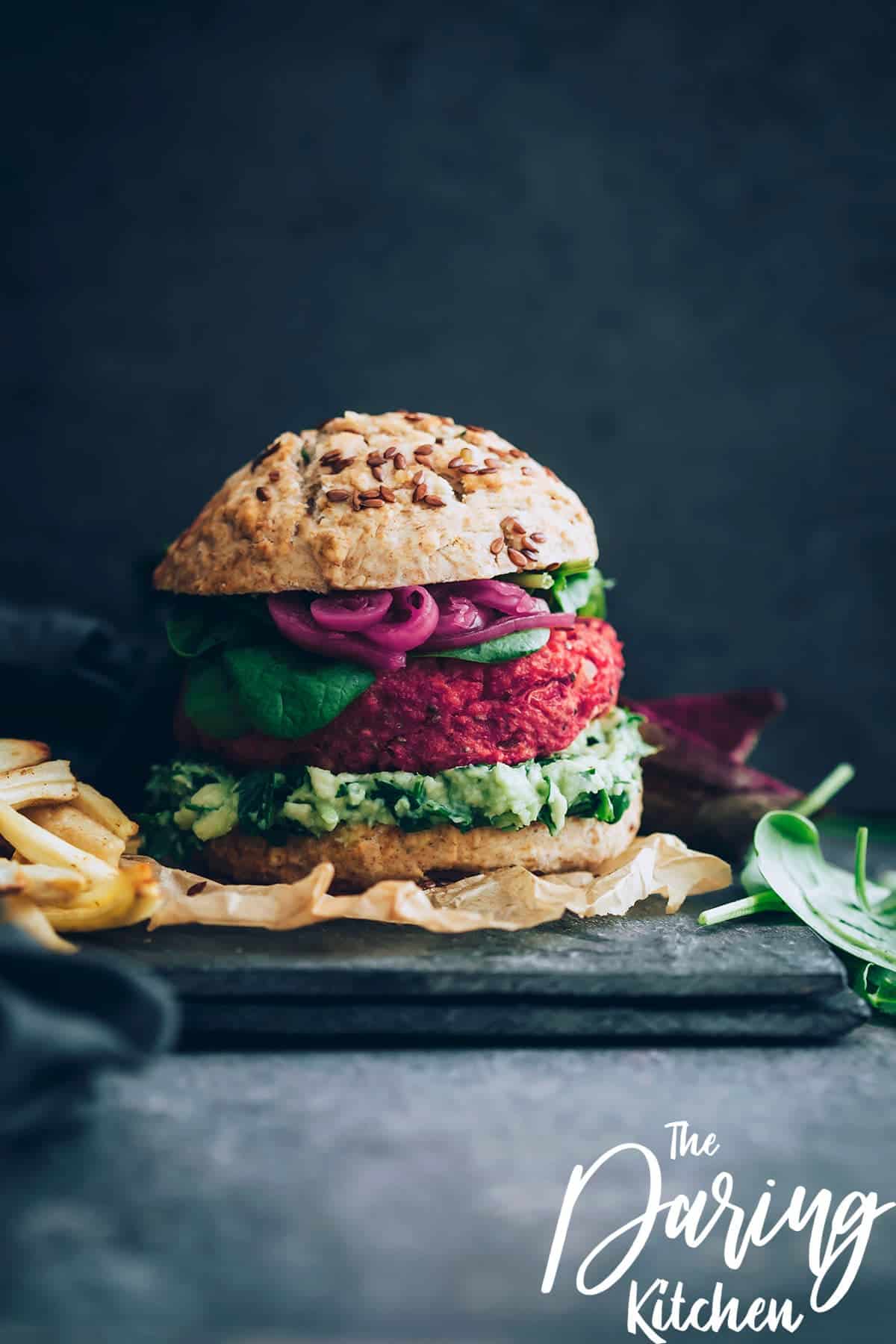 Beet Burgers with Herbed Guacamole and Parsnip Fries - Daring Kitchen