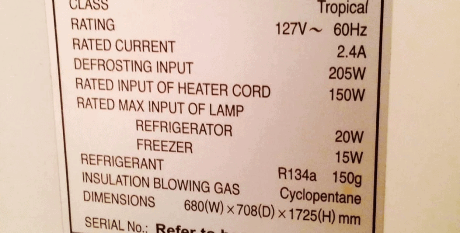 Mini fridge sticker with technical information