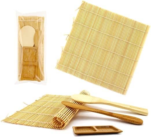 BambooMN Deluxe Sushi Making Kit 2x Natural Rolling Mats, 1x Rice Paddle, 1x Spreader, 1x Compartment Sauce Dish | 100% Bamboo Mats and Utensils