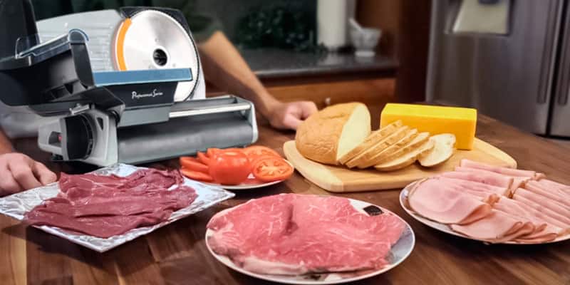 Variety of foods sliced with a meat slicer