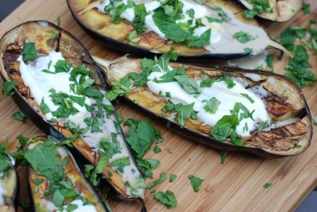 Grilled eggplant topped with tahini