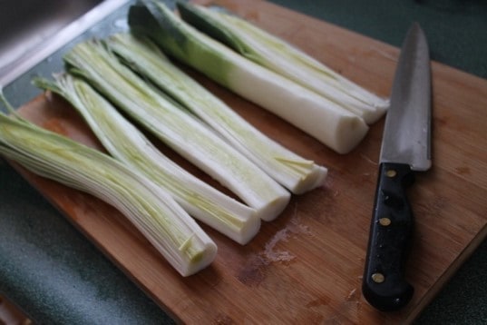 Leeks on cutting board